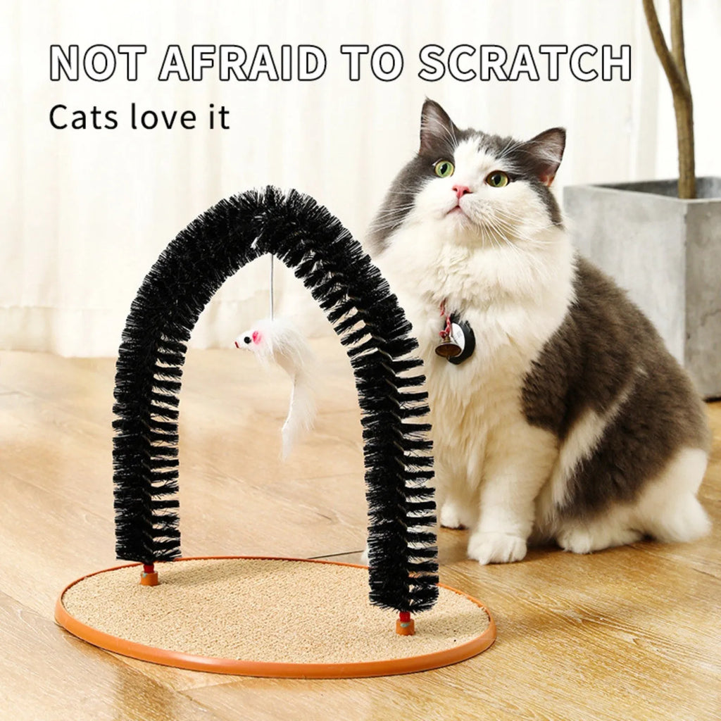 Black arch-shaped plastic cat grooming device with a mop and scratching surfaces, featuring a plush mouse toy.