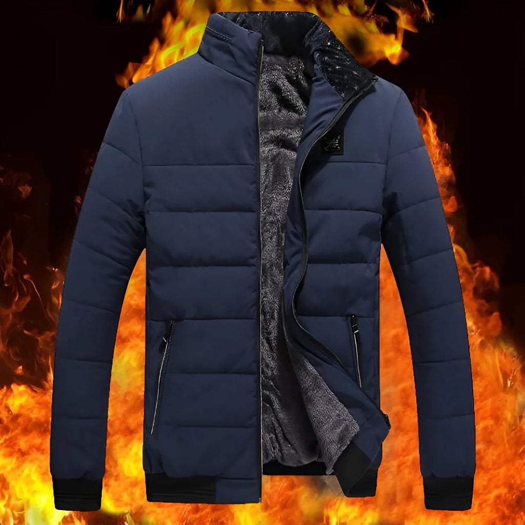 Men's winter coat Korean style fleece-lined cotton-padded jacket with zipper pockets in black, dark blue, and purplish red