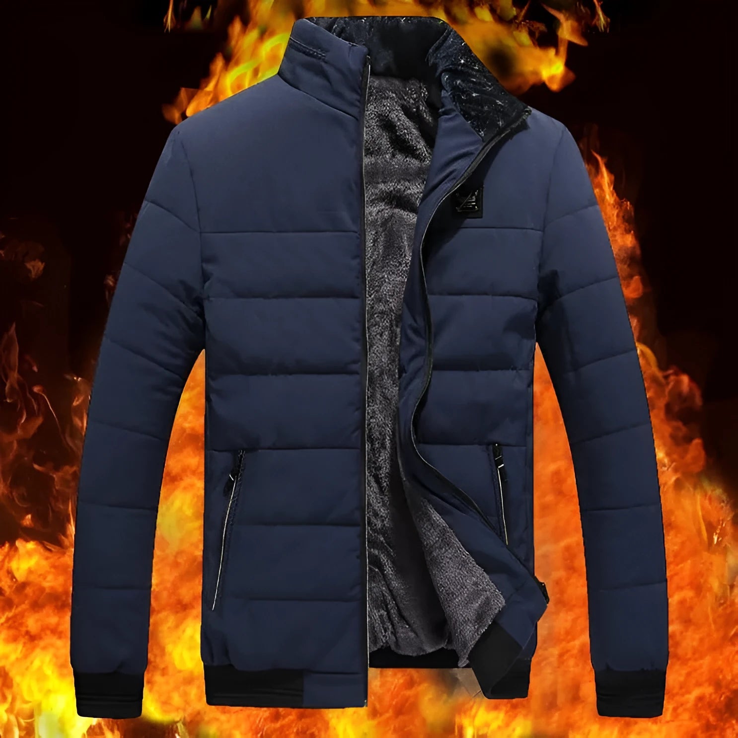 Men's winter coat Korean style fleece-lined cotton-padded jacket with zipper pockets in black, dark blue, and purplish red