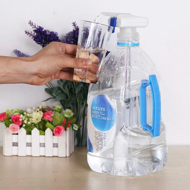 Manual pumping water device with blue handle and long silicone straw for transferring drinks.