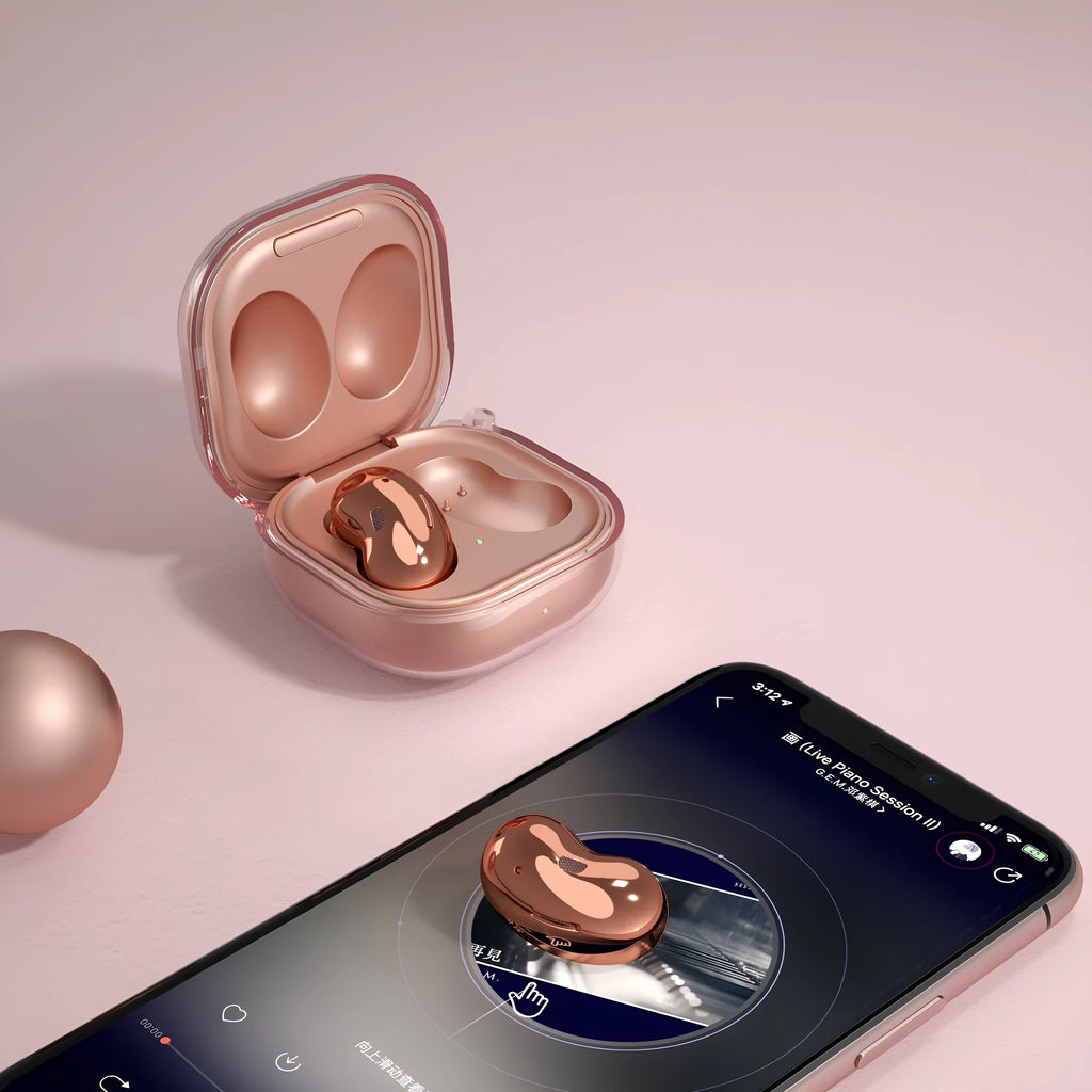 Bluetooth transparent ear case in clamshell design showing translucent colour options