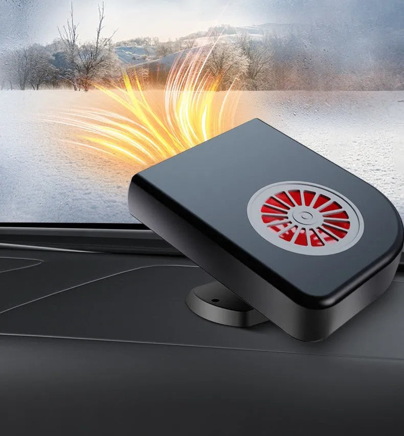 Compact black ABS plastic vehicle-mounted heater with adjustable vents on a car dashboard.