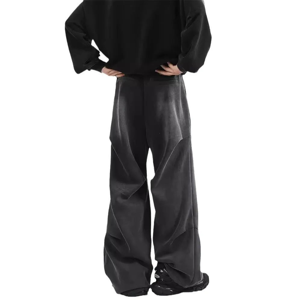 Men's cotton wide leg sweatpants with pleated front in black and gray, elastic waist casual trousers