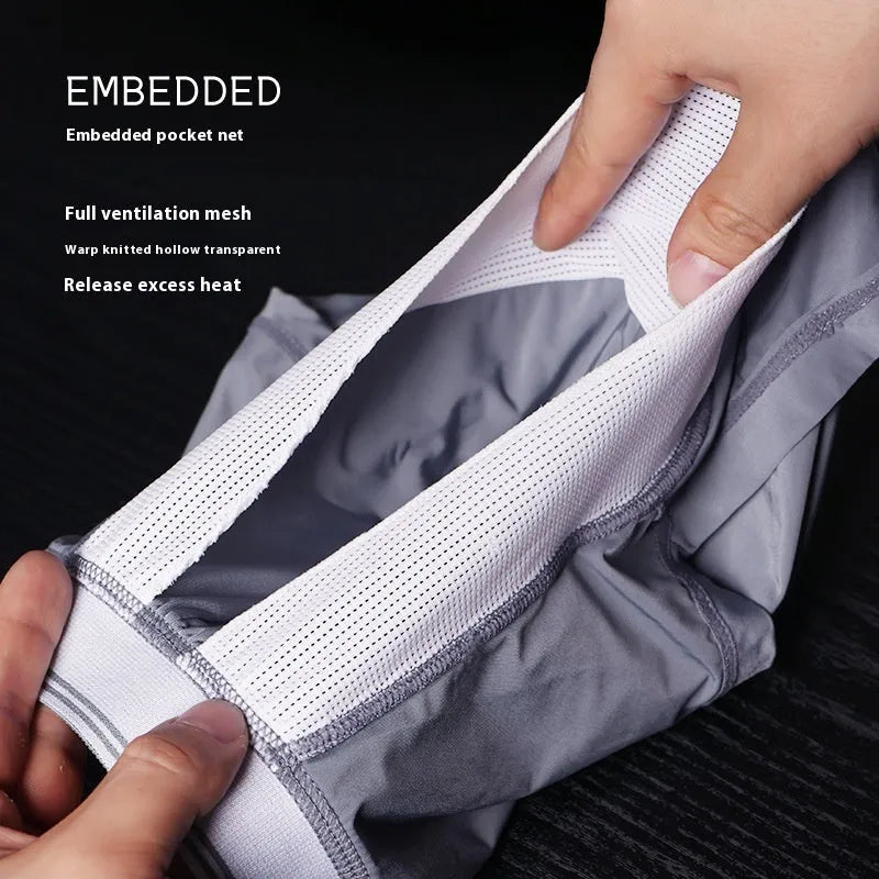 Men's U convex anti-moving ice silk boxer in solid colour for scrotal support and sports wear