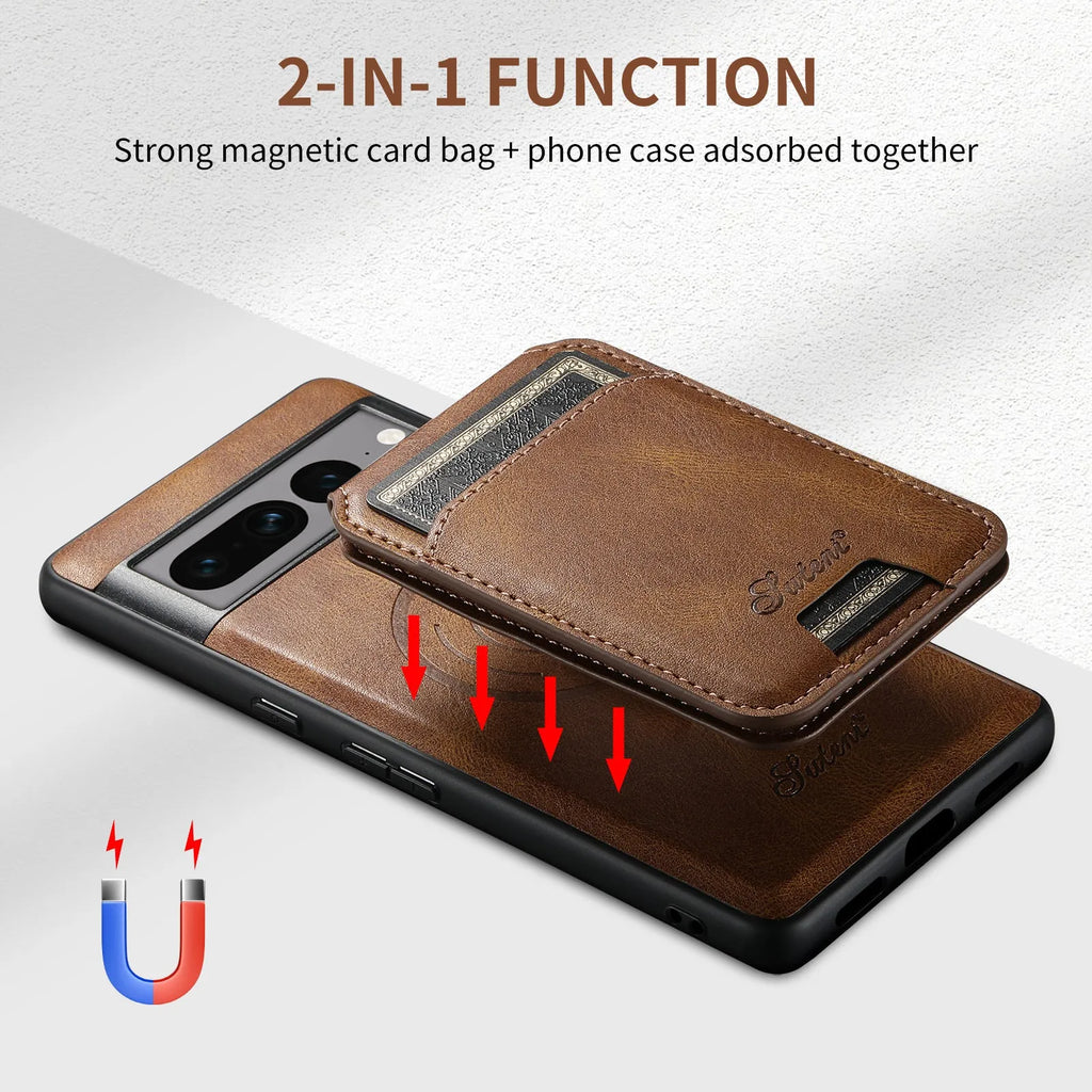 Handcrafted card-inserting magnetic phone case with stand in brown, back view showing card slot and magnetic closure, for Google Pixel 9 Pro XL