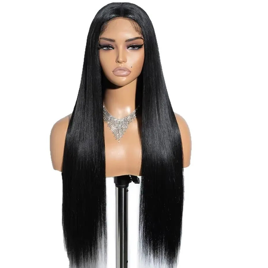 A woman wearing a long straight human hair glueless wig with side bangs.