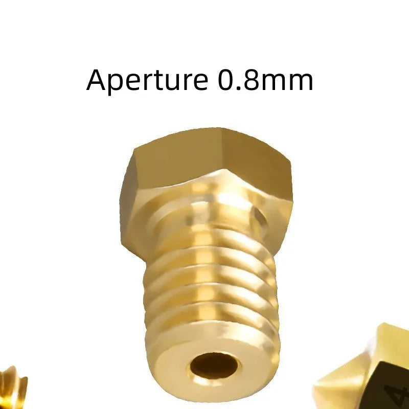 Brass 3D printer nozzle with M6 thread and multiple aperture size options from 0.2mm to 1.0mm.