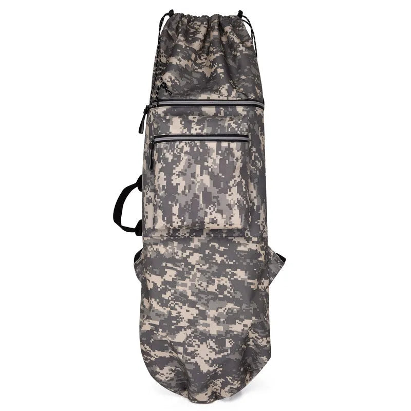 Roll-up skateboard bag in black nylon with an adjustable shoulder strap, shown carrying a skateboard.