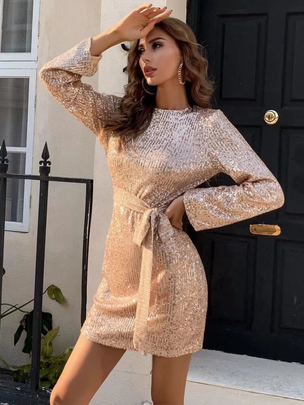 Gold sequins backless long sleeves lace-up waist-controlled dress with high waist and solid colour short skirt for women