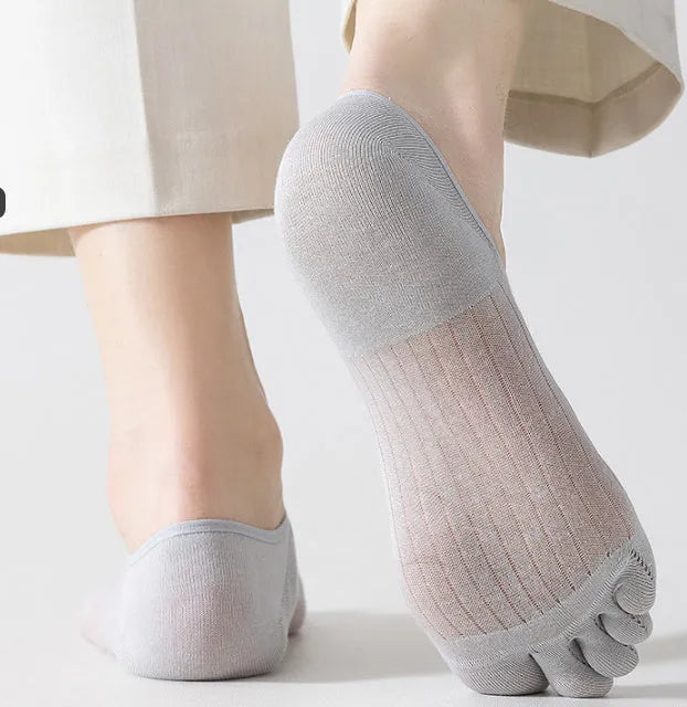 Modal cotton five-finger ultra-thin breathable boat socks in black, shown laid flat.