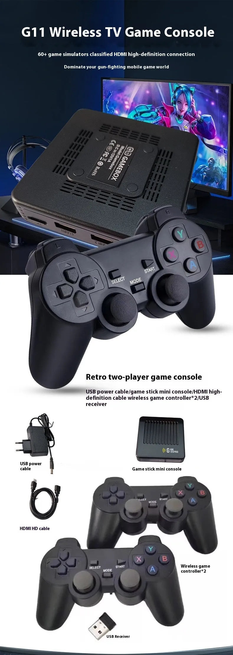 G11 PRO Dual System TV Set-top Box Open Source Game Console in black, with HDMI port and ABS casing