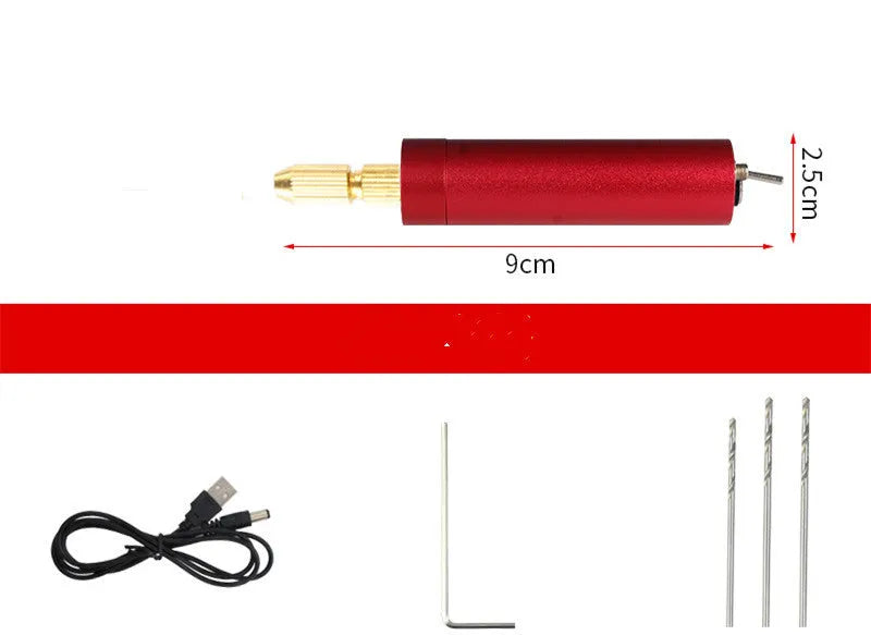 Aluminium alloy USB mini electric grinder drill set with three drill bits and data cable for crafting.