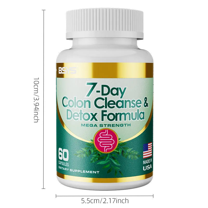 Bottle of 7-Day Colon Cleanse & Detox Formula capsules, dietary supplement for a 7-day cleansing routine