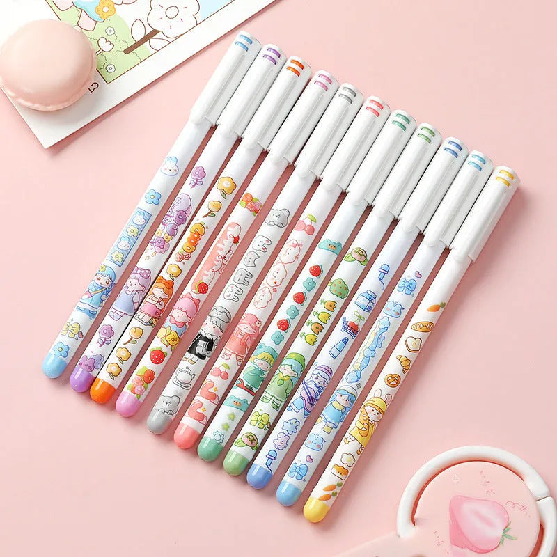 Twelve colourful gel pens with 0.5mm tips and cartoon designs arranged together