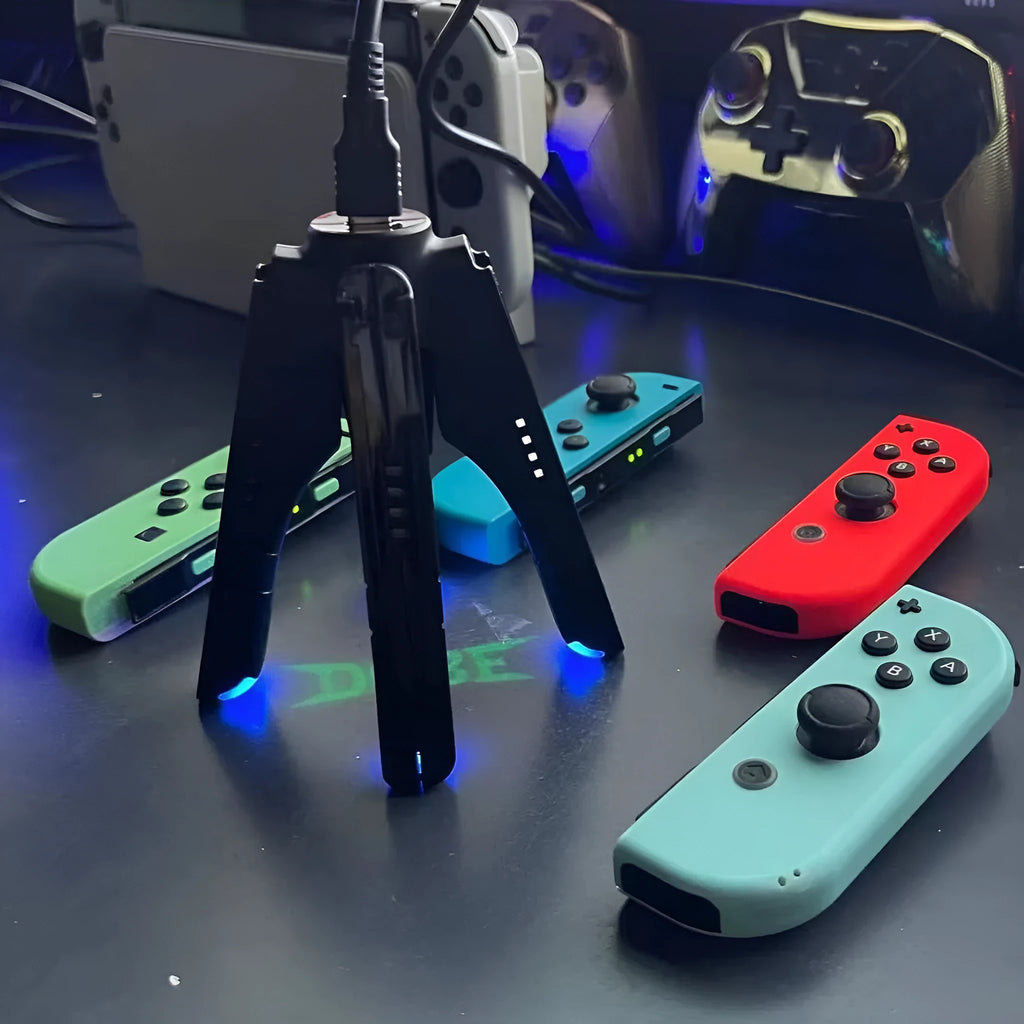 Black four-in-one charger holder for Switch, attached to handle ends with Type-C interface.