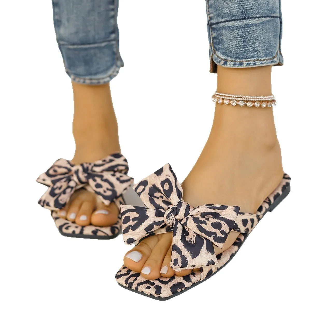 Women's bow leopard print square toe sandals with cloth upper, cloth lining, rubber sole, sizes 36-43