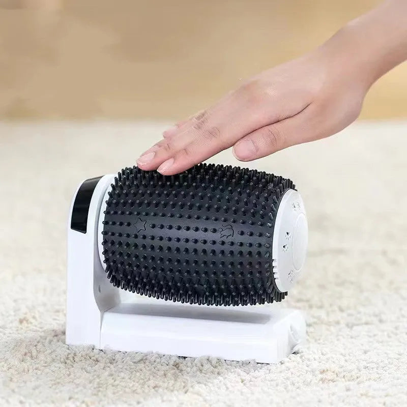 White automatic cat self groomer brush mounted in corner with soft silicone bristles