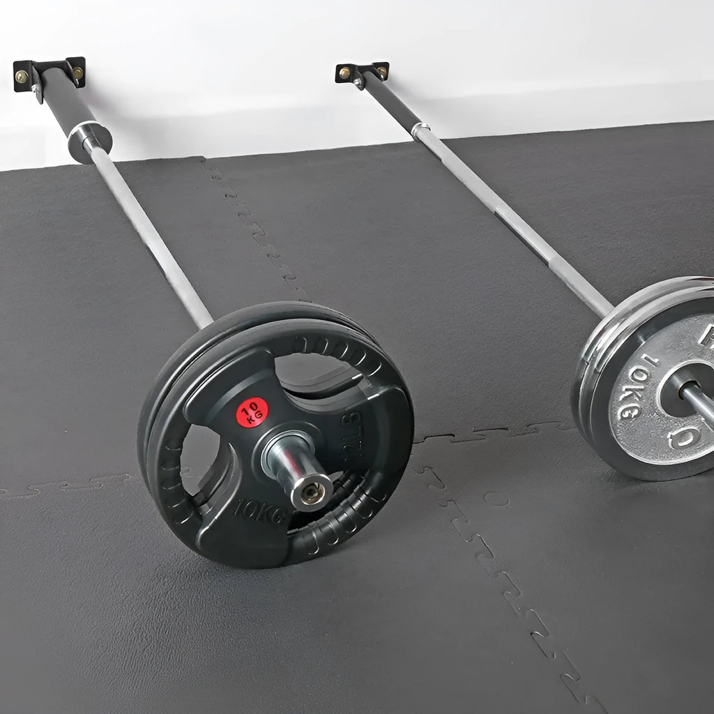 Wall-mounted steel pipe rack holding 25 barbell rods or cannon stand tubes