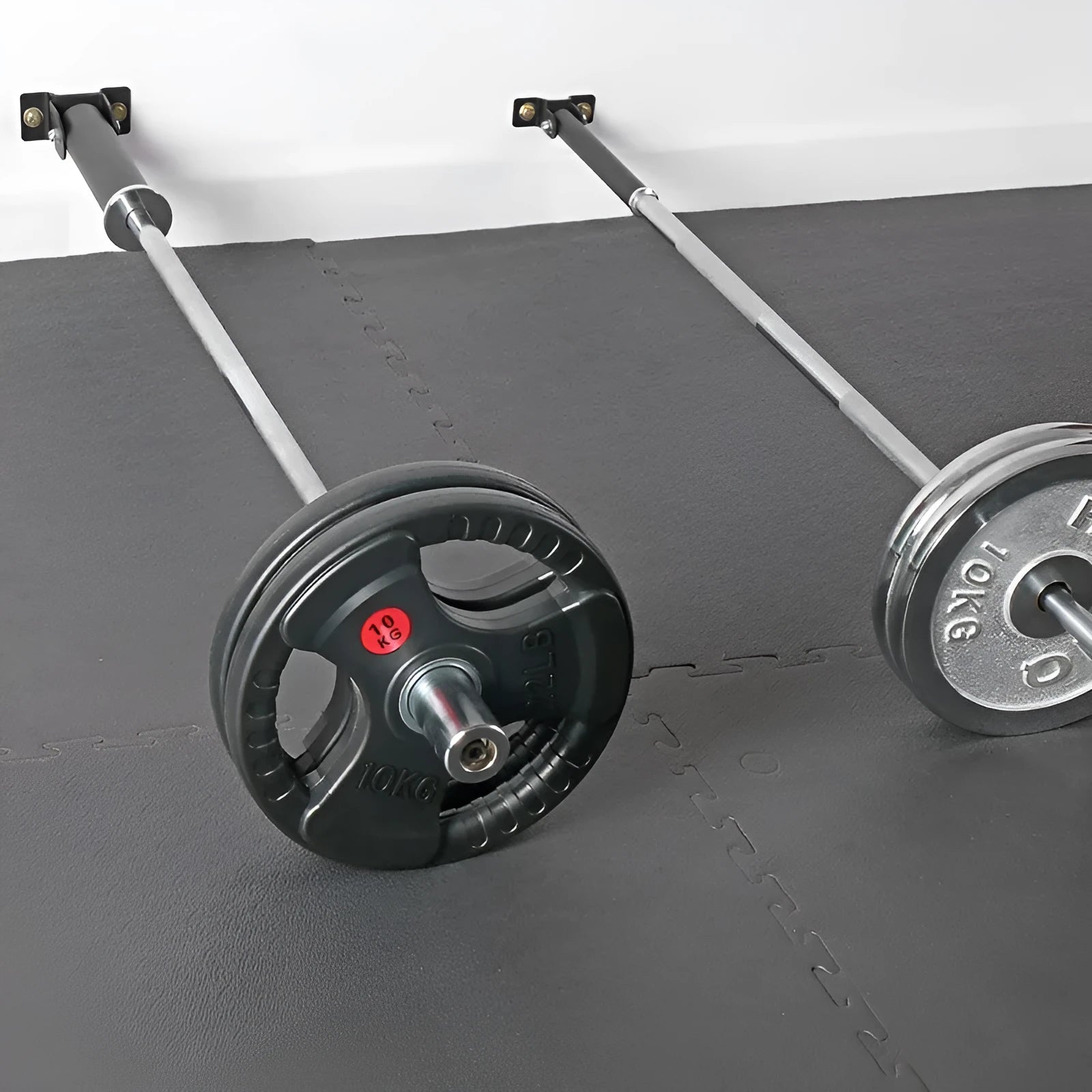 Wall-mounted steel pipe rack holding 25 barbell rods or cannon stand tubes