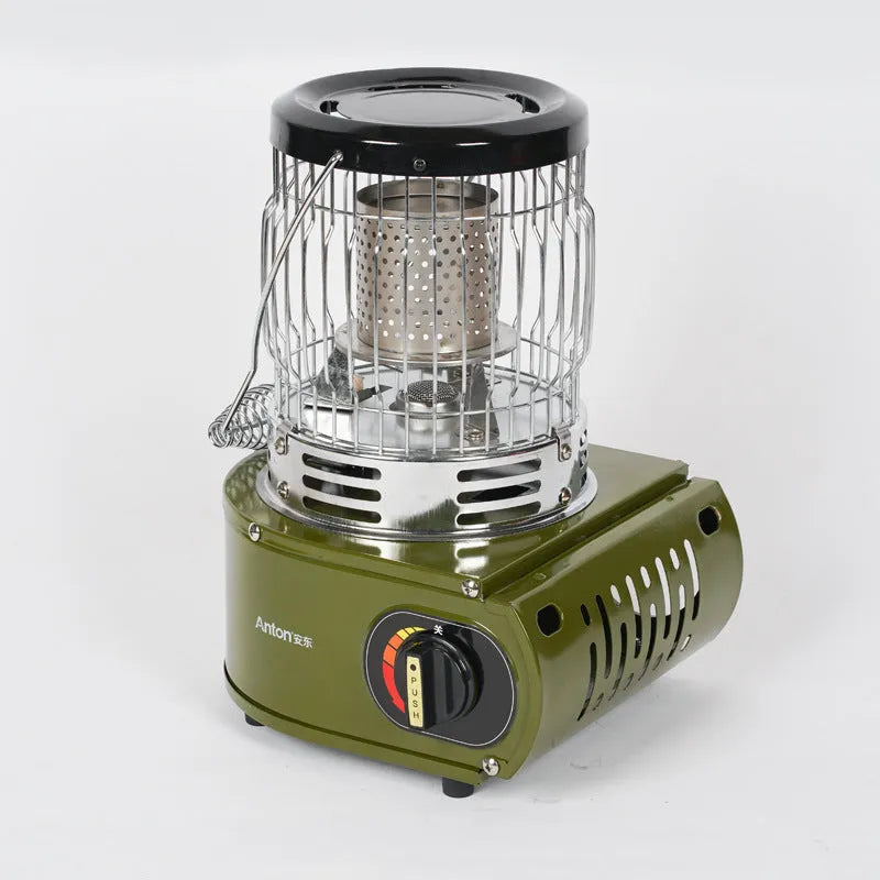 Multifunctional outdoor camping stove heater 2.0KW in army green with gas tank compatible with 220g and 250g canisters