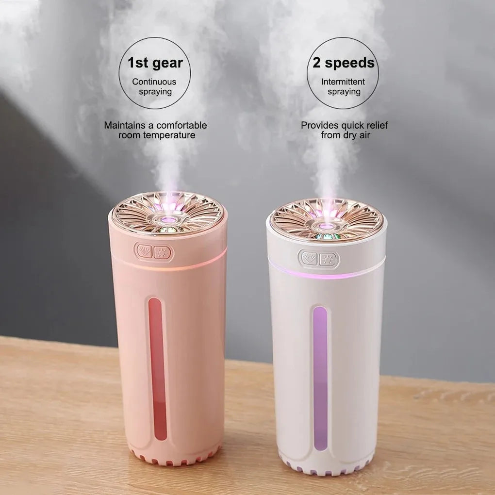 Black wireless portable humidifier with colourful lights beside car cup holder