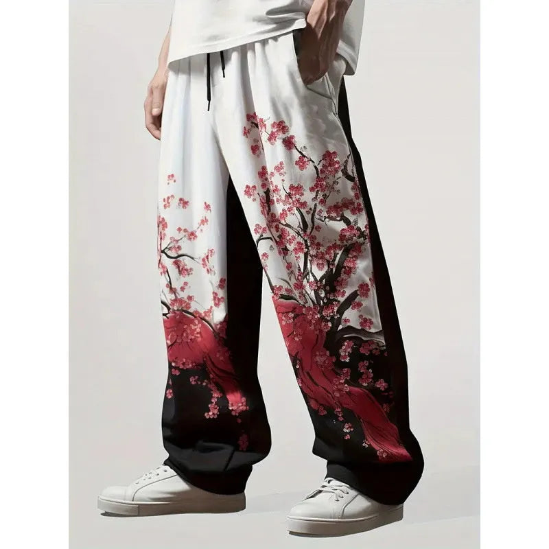 Men's casual straight-leg trousers in plaid gradient print, polyester air layer, drawstring waist, sizes S-5XL.