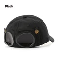 Men's cotton peaked cap in free size with dome crown, satin processing, and letter detailing, shown in monochrome design.