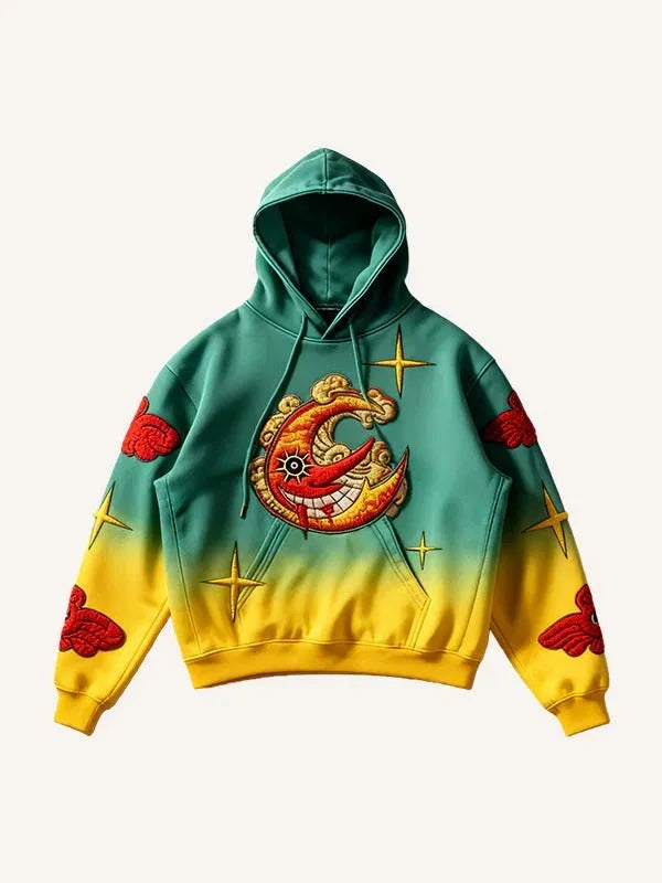 Men vintage print loose-fit hoodie sweater in green yellow with hood and long sleeves