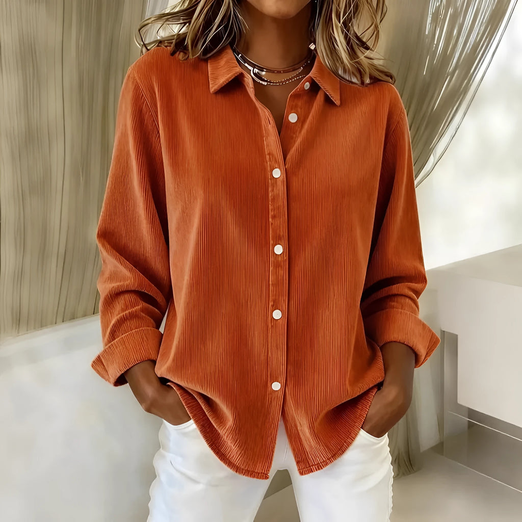 Women's corduroy casual shirt in solid colour with lapel collar and long sleeves, available in multiple sizes