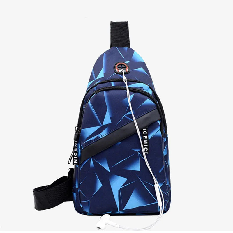 Men's blue print sling chest crossbody bag showing earphone hole and zipper pocket.