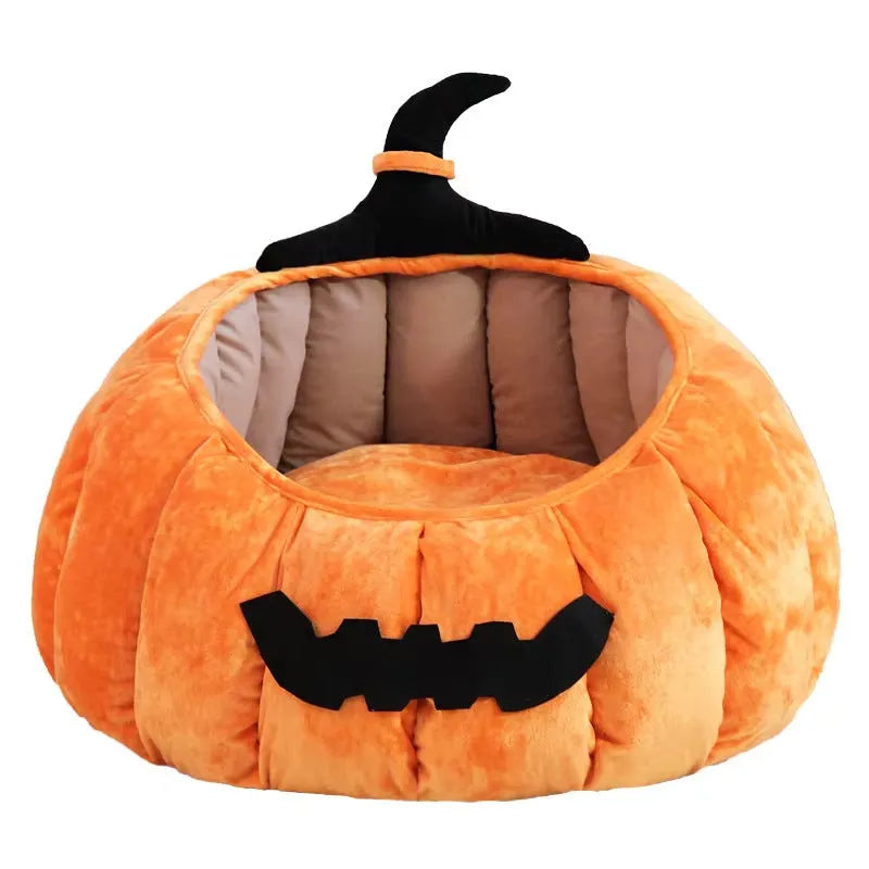 Halloween pumpkin cat bed with cartoon devil design in soft plush material