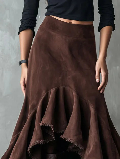 Western brown polyester maxi skirt with high-low hemline and ruffle trim detail