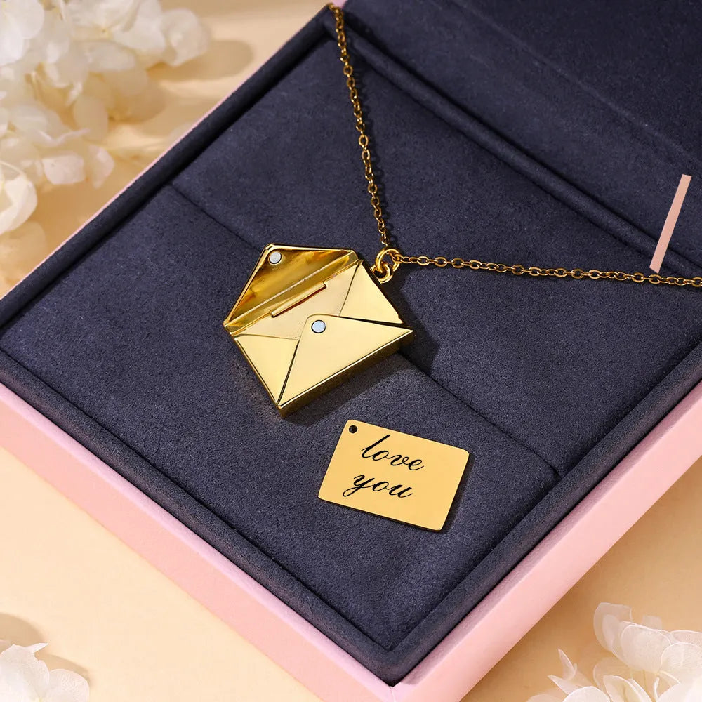 Envelope necklace with carved love letter pendant, cross chain, titanium steel and copper, gold steel or rose gold