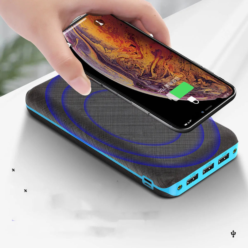 Wireless power bank with Qi charging showing three USB ports and LED flashlight in black-blue colour