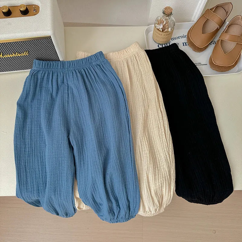 Thin cotton girls pajama pants in lake blue, mid waist, suitable height 120cm, soft fabric