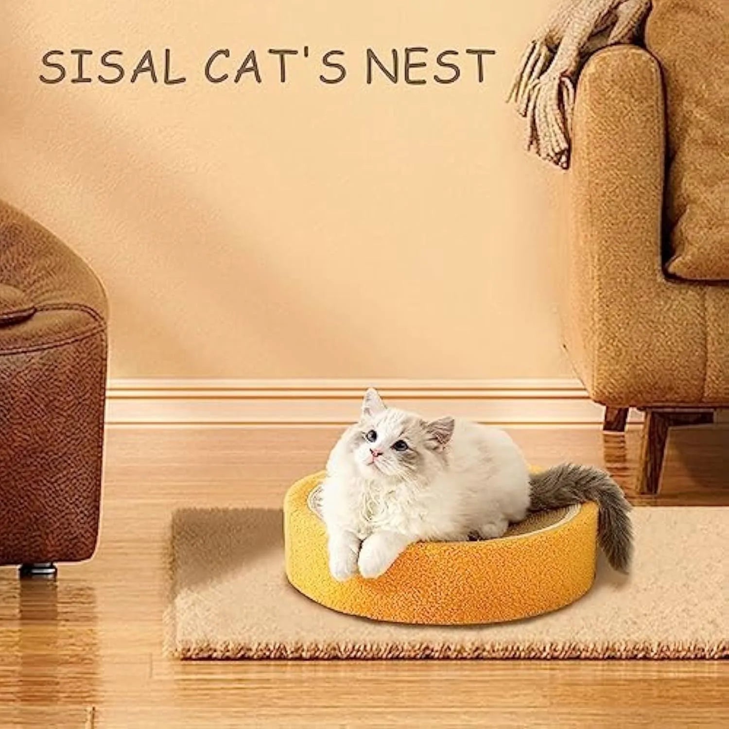 Round yellow sisal cat scratching board and bed for small indoor cats.