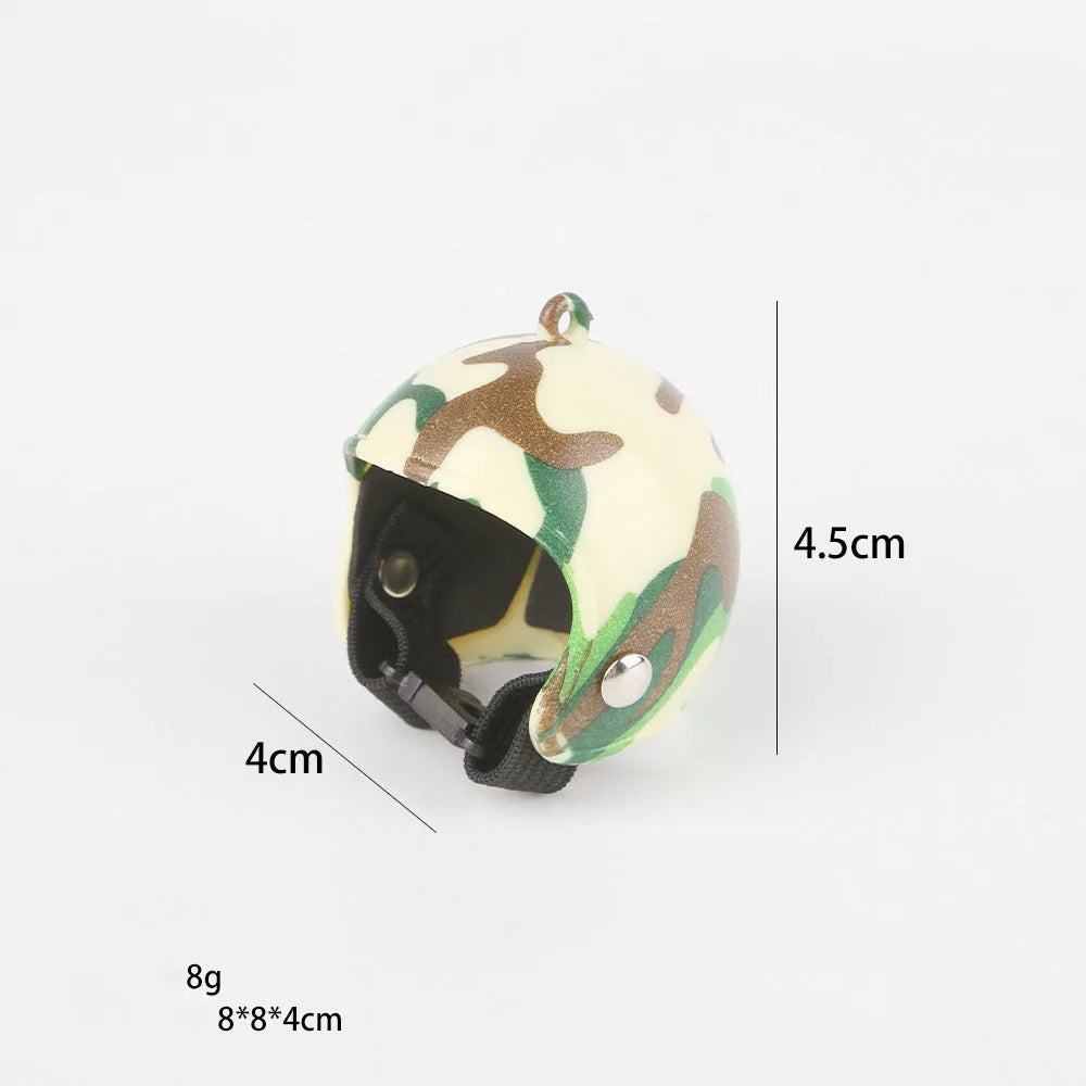 Small pet helmet for chickens and birds with adjustable elastic bands and decorative designs