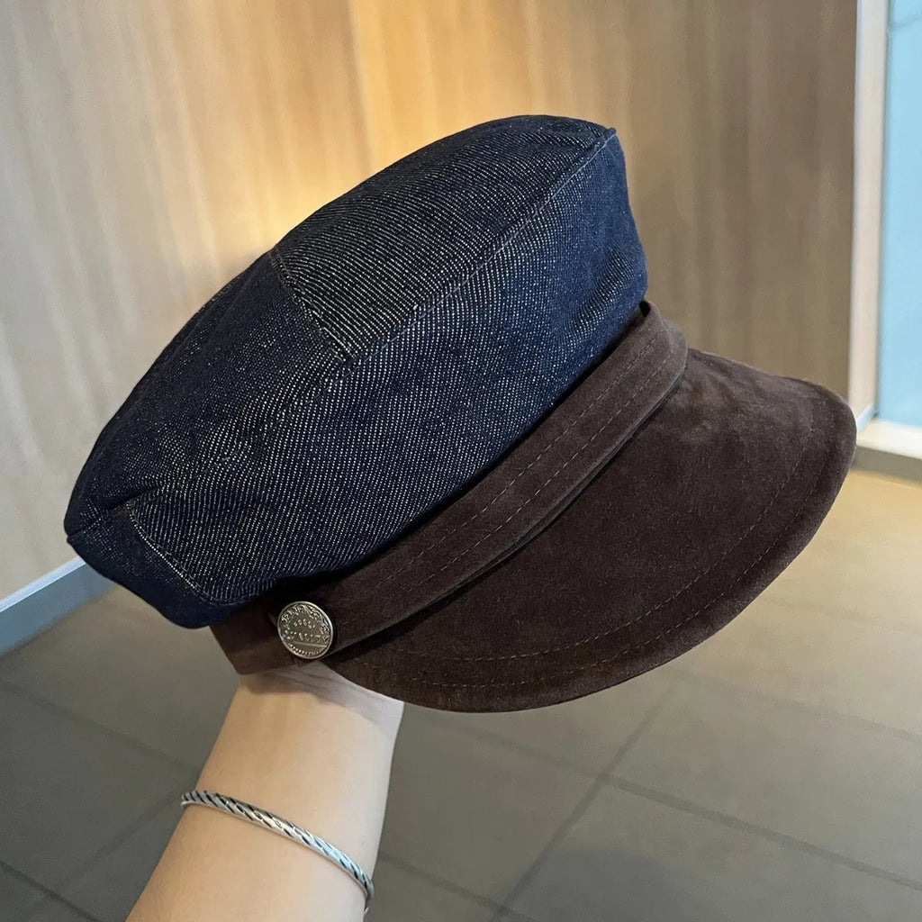 Adjustable denim octagonal newsboy hat in dark blue with coloured brim options
