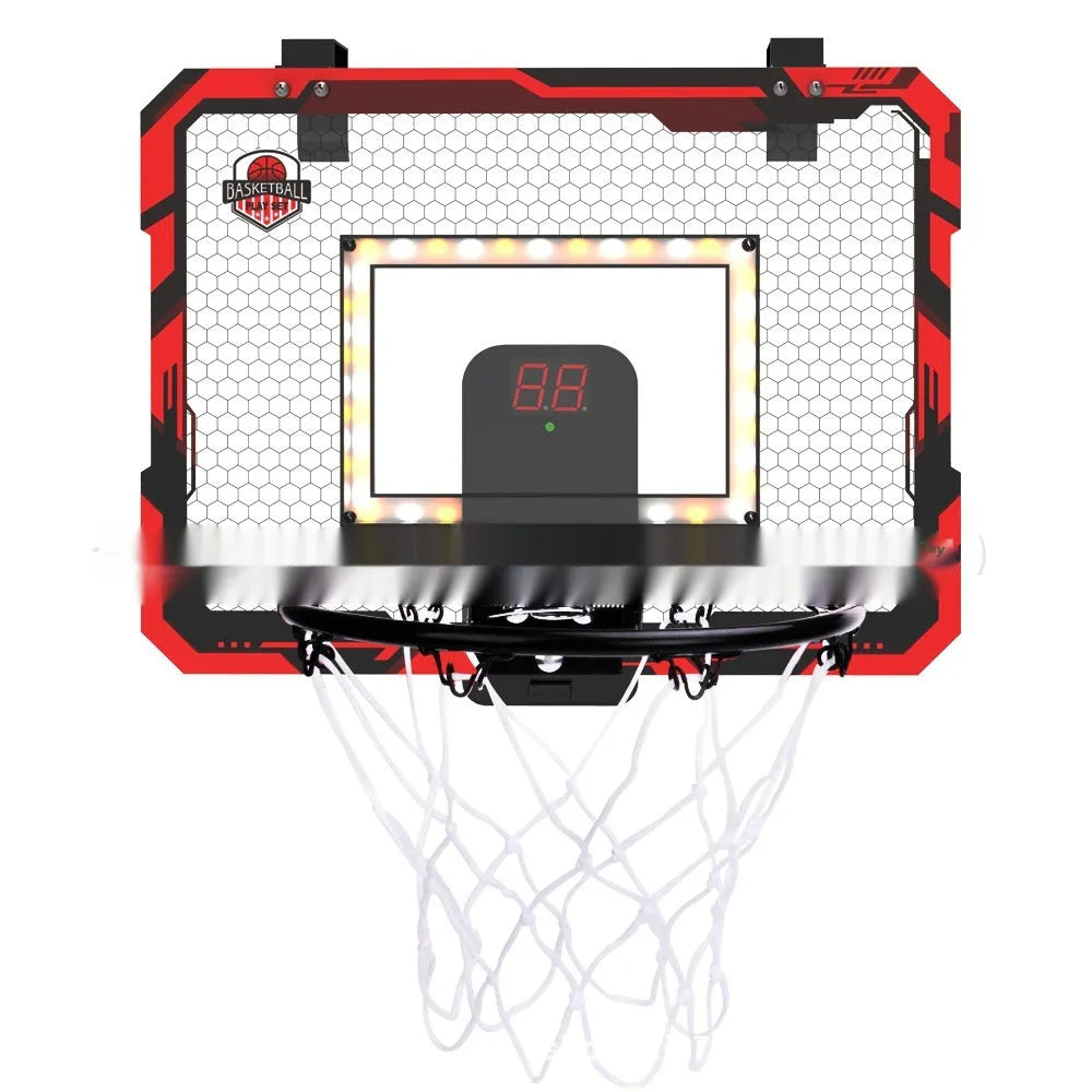 Red folding basketball frame with suction cups mounted on a wall, showing dunk scoring panel.