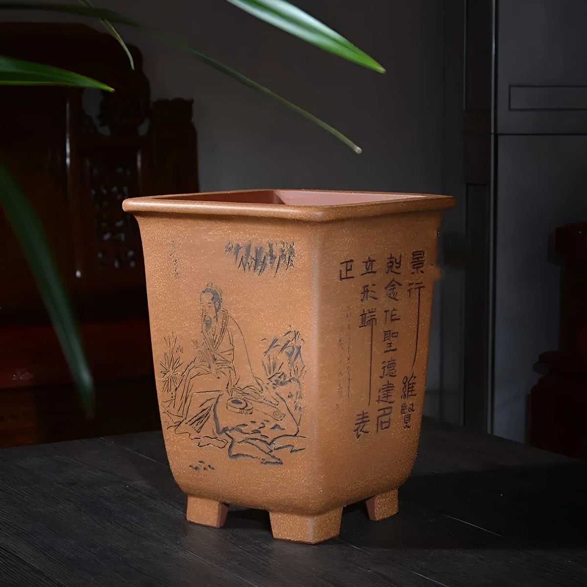 Hand-carved square purple sand ceramic flower pot large size for Clivia and orchids
