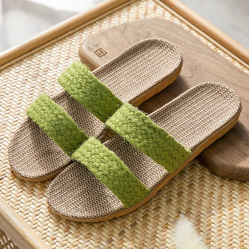 Women's indoor linen toe ring slippers with non-slip EVA sole in beige horizontal bar colour