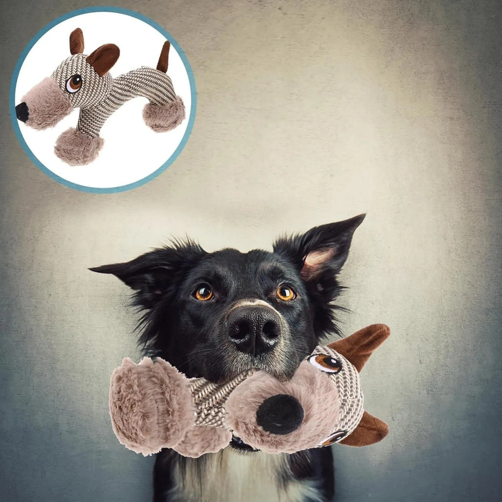Soft plush dog squeaky toy in monkey and puppy designs for medium and large breed dogs.