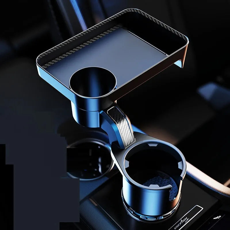 Black ABS plastic rotating dinner tray holder inserted into a car cup holder.