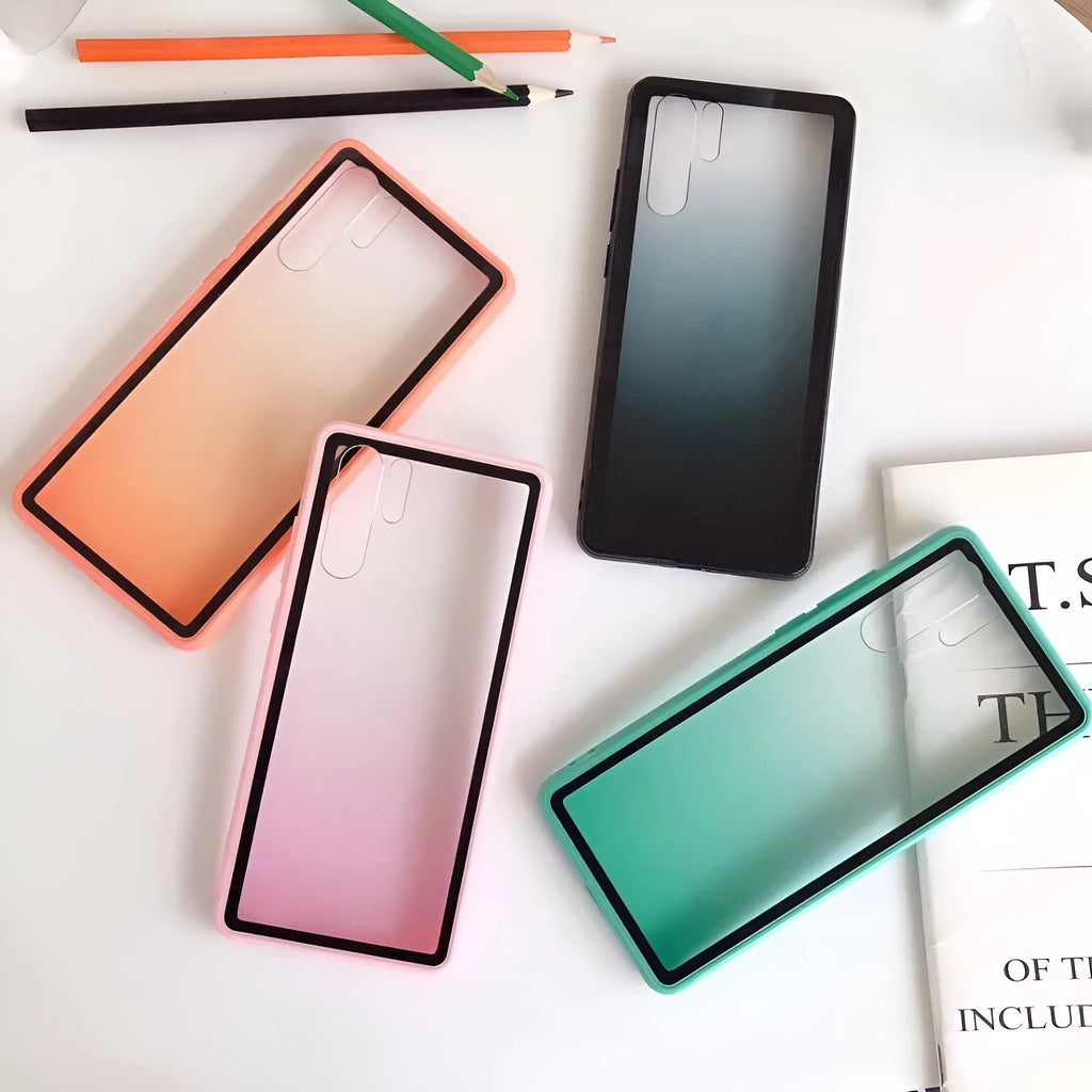 Rainbow holographic phone case for Huawei smartphones in black, green, orange, and pink.