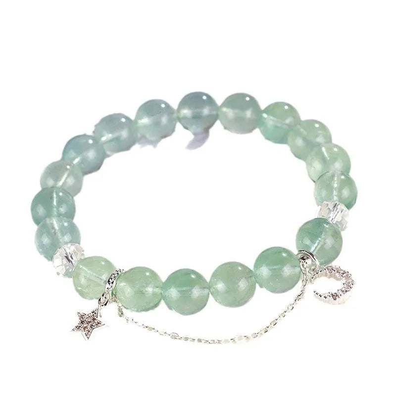 Green fluorite and white crystal bracelet with star moon princess design and electroplated metallic finish