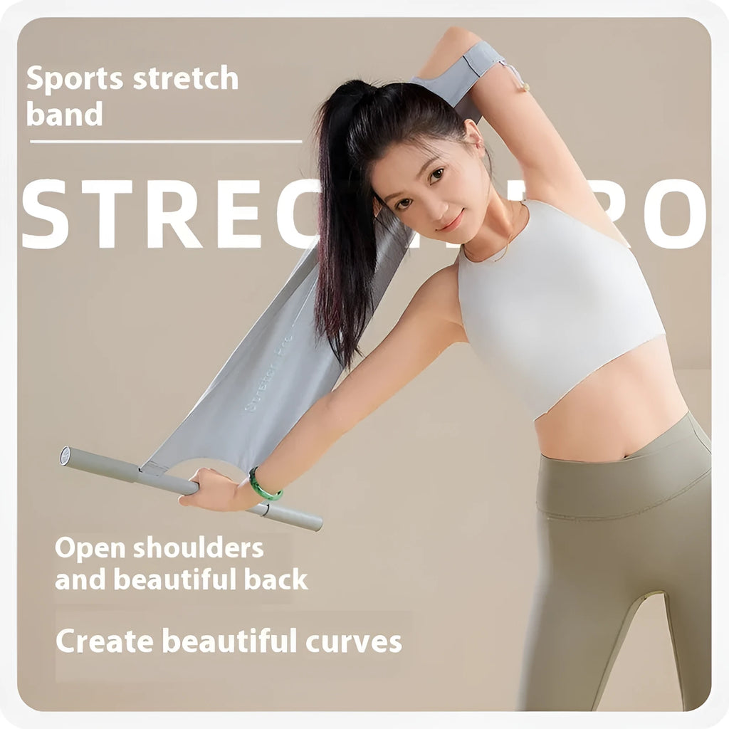 Grey and pink yoga multi-function stretching tool made of iron and plastic for shoulder and hip flexibility.
