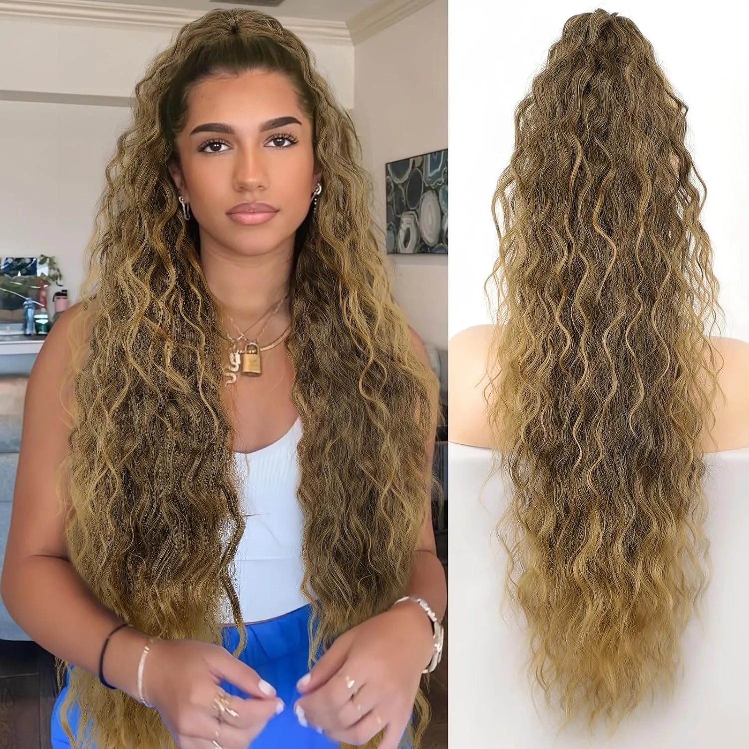 Long, fluffy curly synthetic ponytail wig in a high temperature fibre, shown in a 30-inch length.