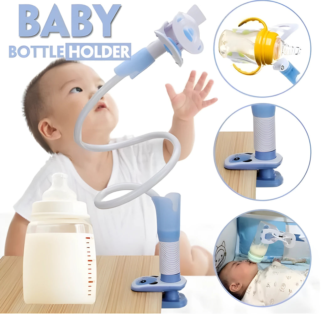 Blue extended feeding bracket measuring 1.05 metres for hands-free bottle support.