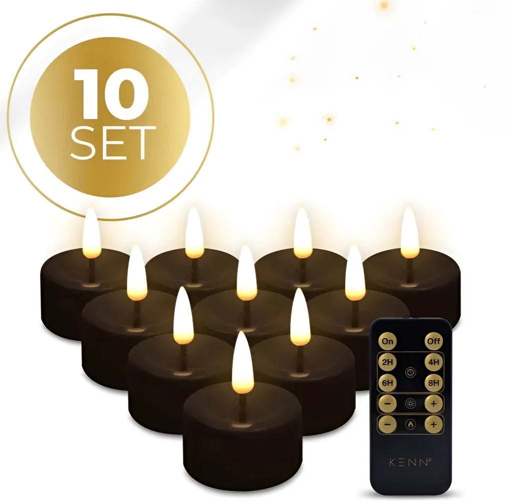 Set of four black S10 flameless LED tealight candles showing size.
