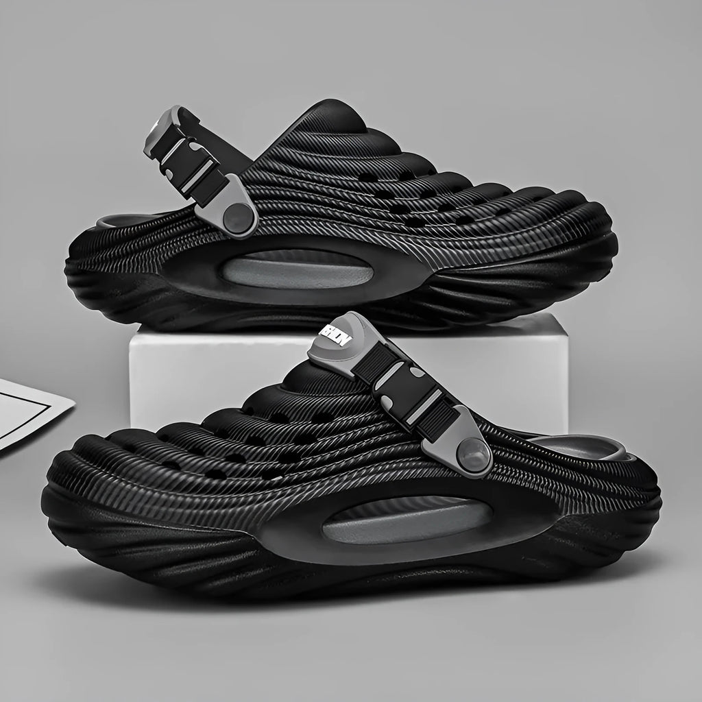 Men's solid colour EVA platform slippers with hollow-out design in light green.